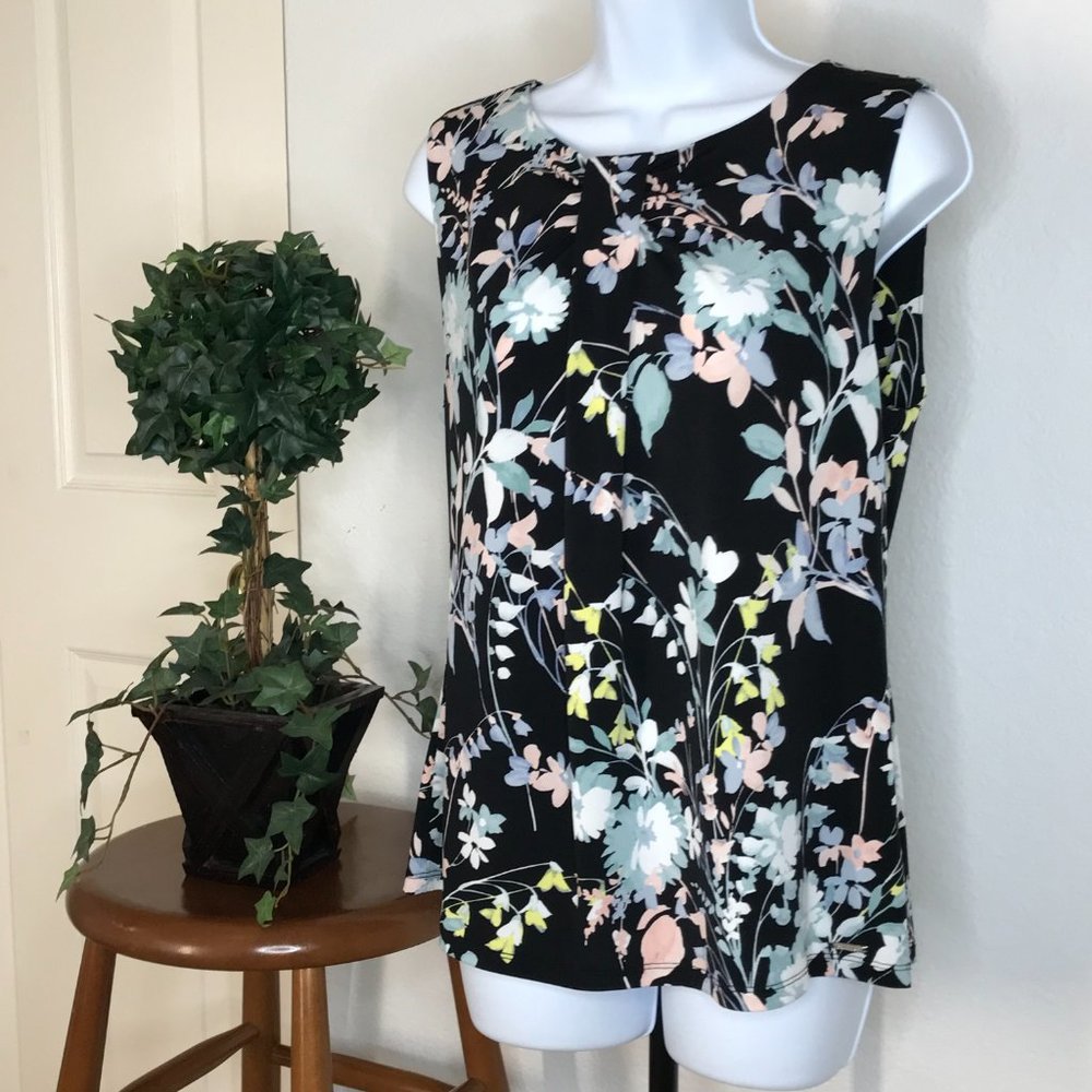 Calvin Klein Floral Sleeveless Blouse | Black/Light Blue | Medium - Picture 3 of 12